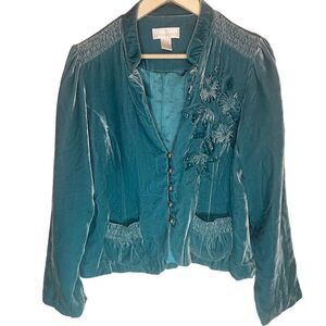 Soft Surroundings Silk Blend Blue Blazer Jacket Button Down Embroidered Detail